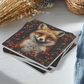 Red Fox Coaster Set of 4, Woodland Animal Art Coasters, Rustic Forest Berries Ceramic Drink Coaster Set