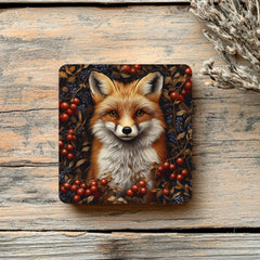 Red Fox Coaster Set of 4, Woodland Animal Art Coasters, Rustic Forest Berries Ceramic Drink Coaster Set