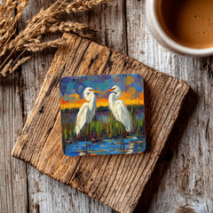 Impressionist Egret Coaster Set of 4, Abstract Coastal Bird Art Coasters, Bold Color Marsh Scene Ceramic Coaster Set