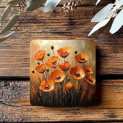 Rustic Orange Poppy Coaster Set of 4, Floral Botanical Ceramic Drink Coasters, Autumn Flower Home Decor Gift