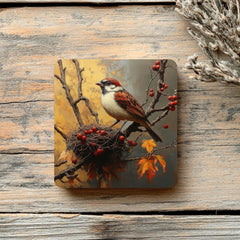 Autumn Sparrow Coaster Set of 4, Rustic Bird Nest Art Coasters, Fall Leaves Woodland Ceramic Drink Coaster Set