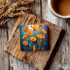 Colorful Poppy Field Coaster Set of 4, Vibrant Floral Art Coasters, Blue Yellow Garden Ceramic Drink Coaster Set