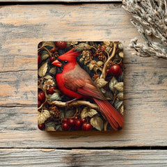 Red Cardinal Coaster Set of 4, Woodland Bird Art Coasters, Rustic Winter Berry Ceramic Drink Coaster Set