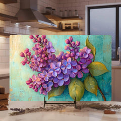 Purple Lilac Glass Cutting Board, Botanical Kitchen Art Decor, Rustic Cottage Floral Serving Board Gift