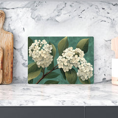 White Lilac Blossom Glass Cutting Board, Neutral Floral Kitchen Art, Elegant Botanical Home Gift