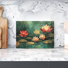 Lotus Pond Glass Cutting Board, Red and Yellow Floral Water Lily Art, Tranquil Zen Botanical Kitchen Gift