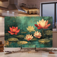 Lotus Pond Glass Cutting Board, Red and Yellow Floral Water Lily Art, Tranquil Zen Botanical Kitchen Gift