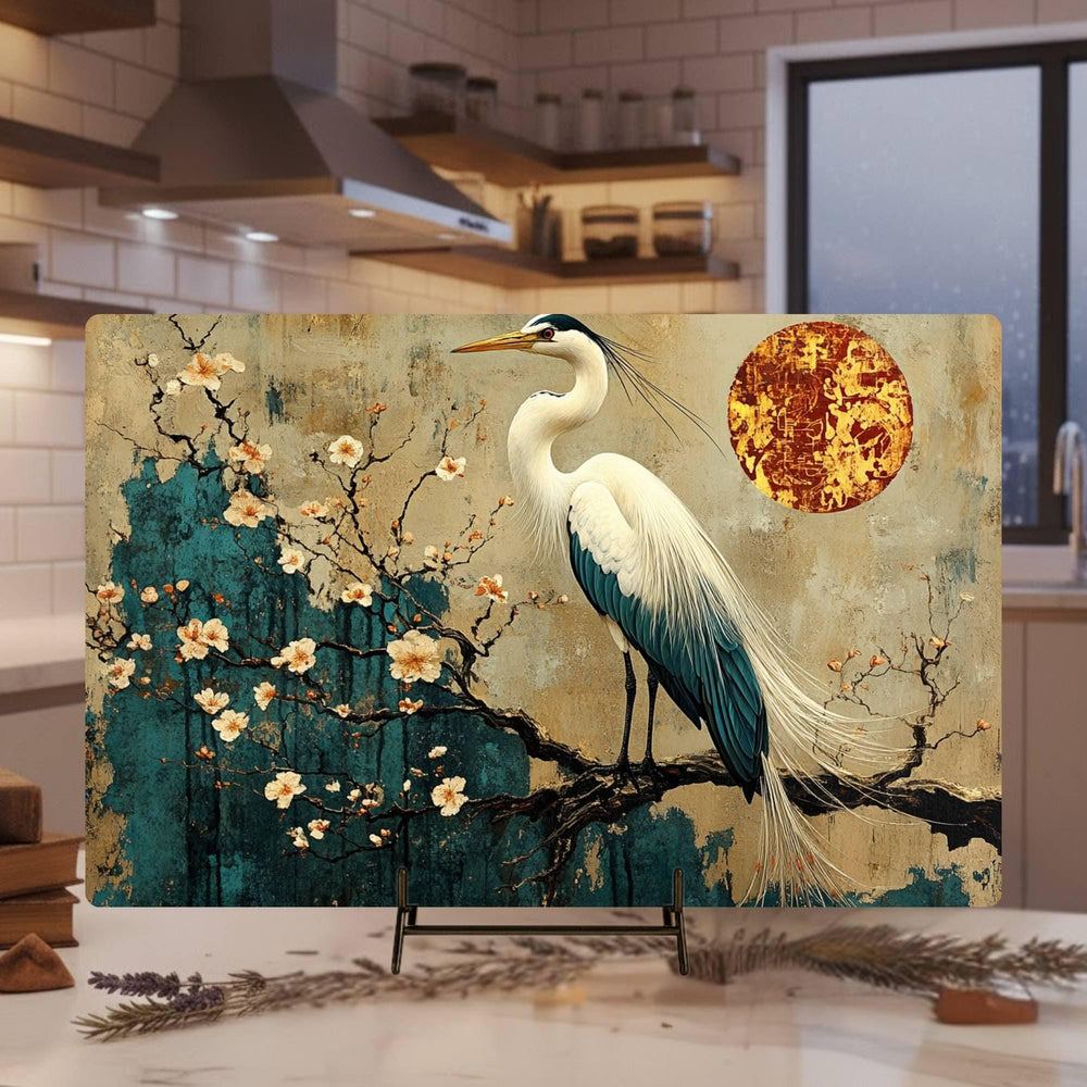 White Heron and Blossoms Glass Cutting Board, Japanese-Inspired Kitchen Decor, Tranquil Nature Art Gift