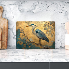 Golden Heron Glass Cutting Board, Blue Bird Metallic Style Kitchen Glass Counter Art, Elegant Nature Decor Tempered Glass Board Home Gift