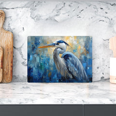 Blue Heron Abstract Glass Cutting Board, Coastal Bird Kitchen Glass Counter Art, Modern Nature Tempered Glass Board Coastal Gift