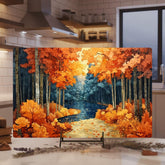 Autumn Forest Path Glass Cutting Board, Cozy Woodland Kitchen Counter Art, Fall Leaves Scenic Glass Board, Rustic Nature Home Accent
