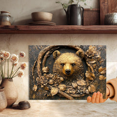Golden Bear Glass Cutting Board, Rustic Woodland Animal Counter Art, Textured Forest Kitchen Decor, Nature Inspired Serving Board