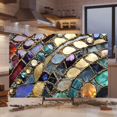 Jewel Tone Gemstone Mosaic Look Glass Cutting Board, Textured Boho Kitchen Glass Counter Art, Stone Pattern Prep Board, Kitchen Gift