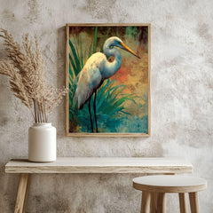 Egret At Meadow Edge Wooden Canvas Art, Warm Wildlife Wall Decor, Elegant Bird Nature Print For Boho, Coastal, Rustic Home Interiors