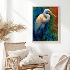 Egret Twilight Wooden Canvas Art, Blue And Rust Wildlife Bird Print, Moody Nature Wall Decor For Cabin, Coastal, Rustic Home Styling