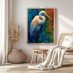 Egret Twilight Wooden Canvas Art, Blue And Rust Wildlife Bird Print, Moody Nature Wall Decor For Cabin, Coastal, Rustic Home Styling