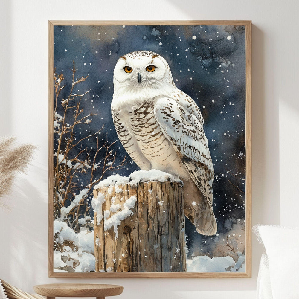 Snowy Owl Night Wooden Canvas Art, Winter Bird Wildlife Wall Decor, Rustic Snow Scene Artwork for Cabin Homes and Cozy Seasonal Displays