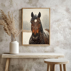 Snowy Horse Portrait Wooden Canvas Art, Rustic Winter Farmhouse Wall Decor, Equine Artwork for Country, Cabin, and Nature Inspired Homes