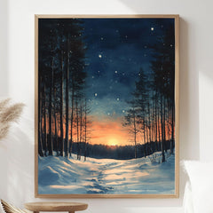 Sunset Forest Trail Framed Canvas Art, Snowy Woodland Glow Winter Wall Decor