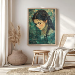 Vintage Girl Canvas Print, Emerald Textured Portrait Framed Wall Art, Girl Home Decor