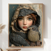 Woodland Girl Bird Framed Canvas Art, Whimsical Rustic Portrait Winter Nature Decor