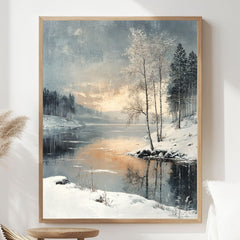 Winter Sunset Lake Framed Canvas Art, Serene Snow Landscape Nature Wall Decor