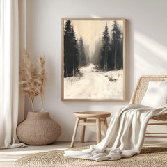 Forest Path Canvas Art, Neutral Winter Woodland Landscape Rustic Decor, Misty Framed Painting