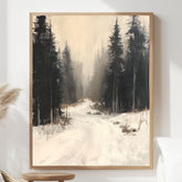 Forest Path Canvas Art, Neutral Winter Woodland Landscape Rustic Decor, Misty Framed Painting