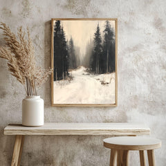 Forest Path Canvas Art, Neutral Winter Woodland Landscape Rustic Decor, Misty Framed Painting