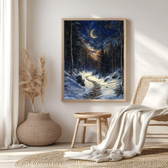 Moonlit Trail Framed Canvas Art, Snowy Forest Night Landscape Decor, Enchanted Painting