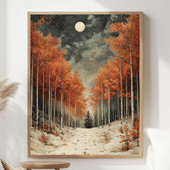 Golden Aspen Framed Canvas Art, Snowy Forest Moon Landscape Warm Decor, Winter Painting