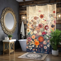 Batik Floral Shower Curtain, Vibrant Botanical Bathroom Decor, Vintage Inspired Floral Display, Colorful Garden Bath Panel