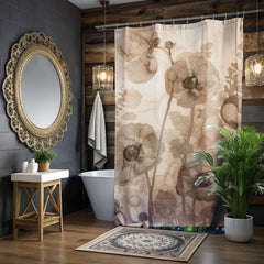 Neutral Poppy Floral Shower Curtain, Sepia Botanical Bathroom Decor, Soft Watercolor Flower Curtain, Elegant Nature Inspired Bath Display