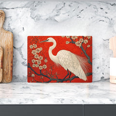 White Heron Glass Cutting Board, Red Floral Japanese Style Kitchen Glass Counter Art, Elegant Bird Tempered Glass Board Home Decor Gift