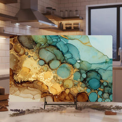 Teal Gold Glass Cutting Board, Alcohol Ink Swirl Kitchen Glass Counter Art, Modern Abstract Tempered Glass Board Colorful Home Gift