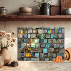 Iridescent Gemstone Mosaic Glass Cutting Board, Colorful Kitchen Glass Counter Art, Jewel Tone Pattern Decor, Functional Serving Board