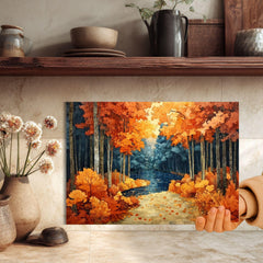 Autumn Forest Path Glass Cutting Board, Cozy Woodland Kitchen Counter Art, Fall Leaves Scenic Glass Board, Rustic Nature Home Accent