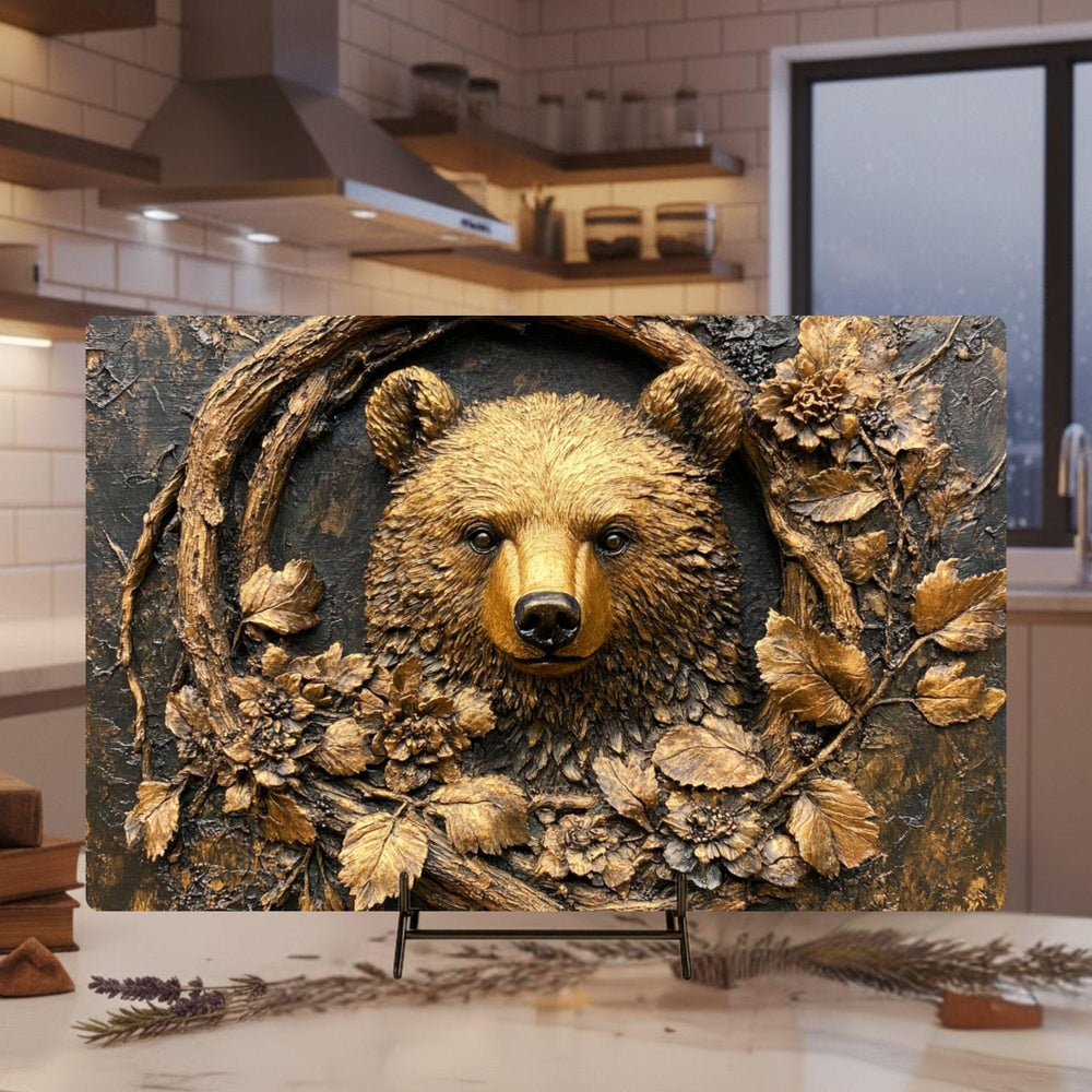 Golden Bear Glass Cutting Board, Rustic Woodland Animal Counter Art, Textured Forest Kitchen Decor, Nature Inspired Serving Board