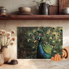 Emerald Peacock Glass Cutting Board, Elegant Bird Kitchen Counter Art, Jewel Tone Feathers Decor, Luxury Glass Serving and Prep Board