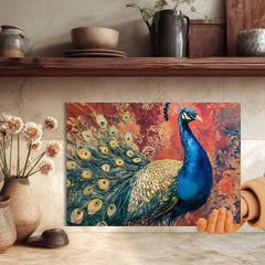 Vibrant Peacock Glass Cutting Board, Kitchen Counter Art, Colorful Design Glass Board, Artistic Serving Tray
