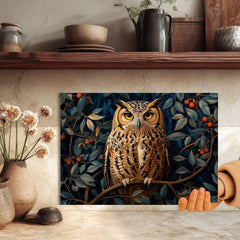 Autumn Owl Glass Cutting Board, Woodland Bird Kitchen Counter Art, Cozy Forest Glass Board Decor, Rustic Nature Serving and Prep Board
