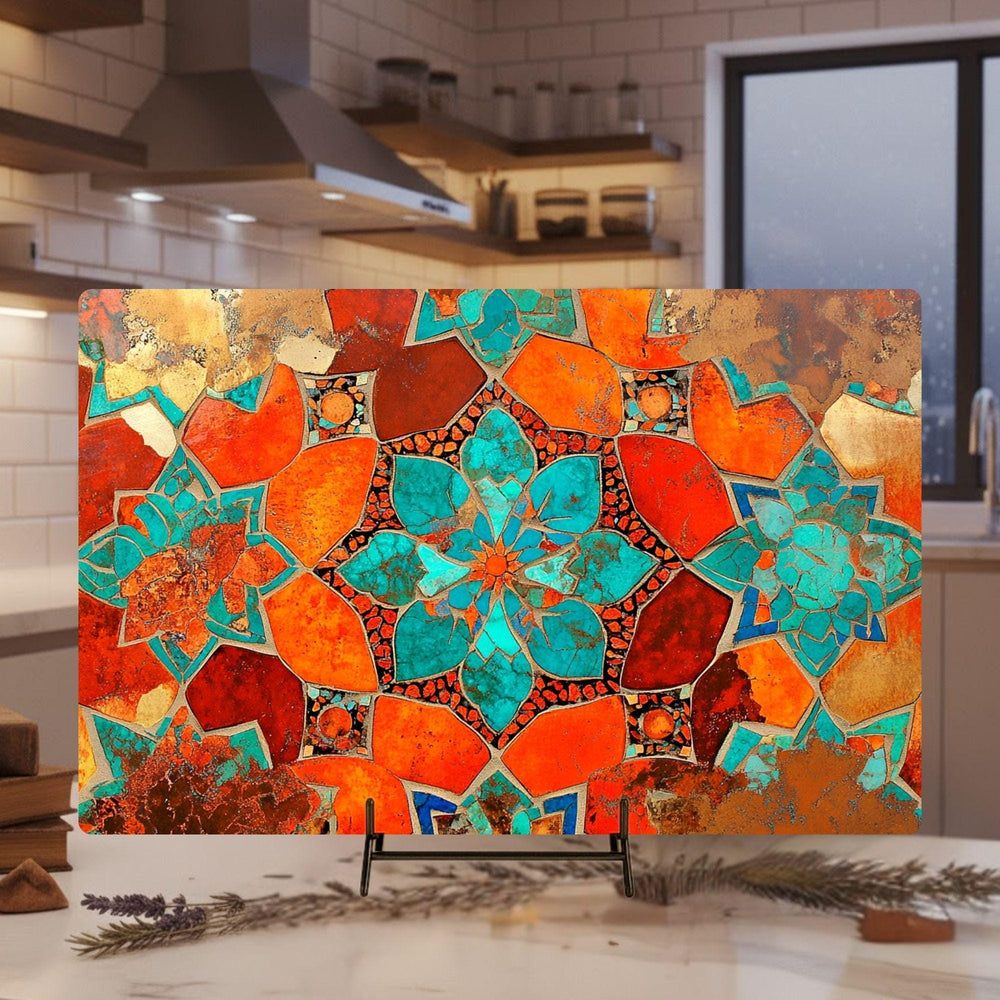 Teal Orange Floral Mosaic Glass Cutting Board, Boho Kitchen Glass Counter Art, Mediterranean Flower Tile Prep Board, Colorful Kitchen Decor