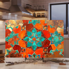 Teal Orange Floral Mosaic Glass Cutting Board, Boho Kitchen Glass Counter Art, Mediterranean Flower Tile Prep Board, Colorful Kitchen Decor