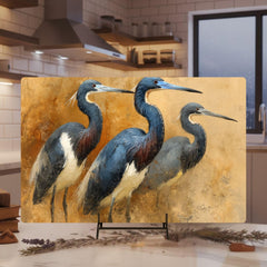 Blue Heron Trio Glass Cutting Board, Coastal Bird Kitchen Glass Counter Art, Elegant Nature Wildlife Prep Board, Beach House Kitchen Decor