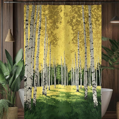 Aspen Forest Shower Curtain, Nature Bathroom Decor, Golden Woodland Landscape Display, Bright Forest Bath Panel,