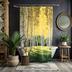 Aspen Forest Shower Curtain, Nature Bathroom Decor, Golden Woodland Landscape Display, Bright Forest Bath Panel,
