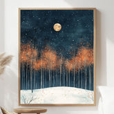 Moonlit Autumn Grove Framed Canvas Art, Starry Night Woodland Landscape Wall Decor