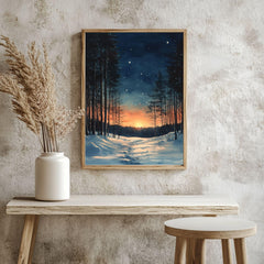 Sunset Forest Trail Framed Canvas Art, Snowy Woodland Glow Winter Wall Decor