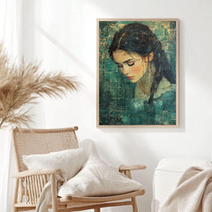 Vintage Girl Canvas Print, Emerald Textured Portrait Framed Wall Art, Girl Home Decor