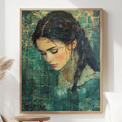 Vintage Girl Canvas Print, Emerald Textured Portrait Framed Wall Art, Girl Home Decor